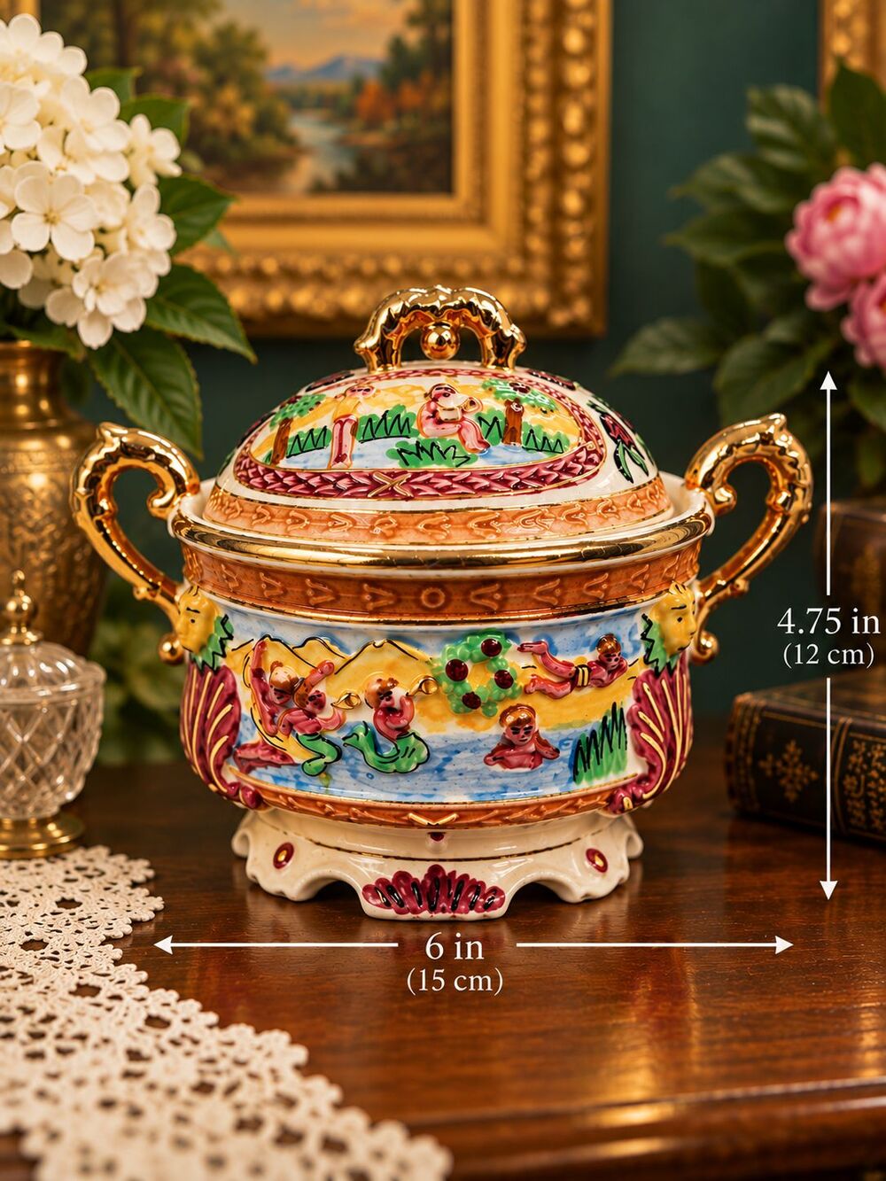 Vintage Made in Japan Hand Painted Porcelain Lidded Tureen Gilt Handles